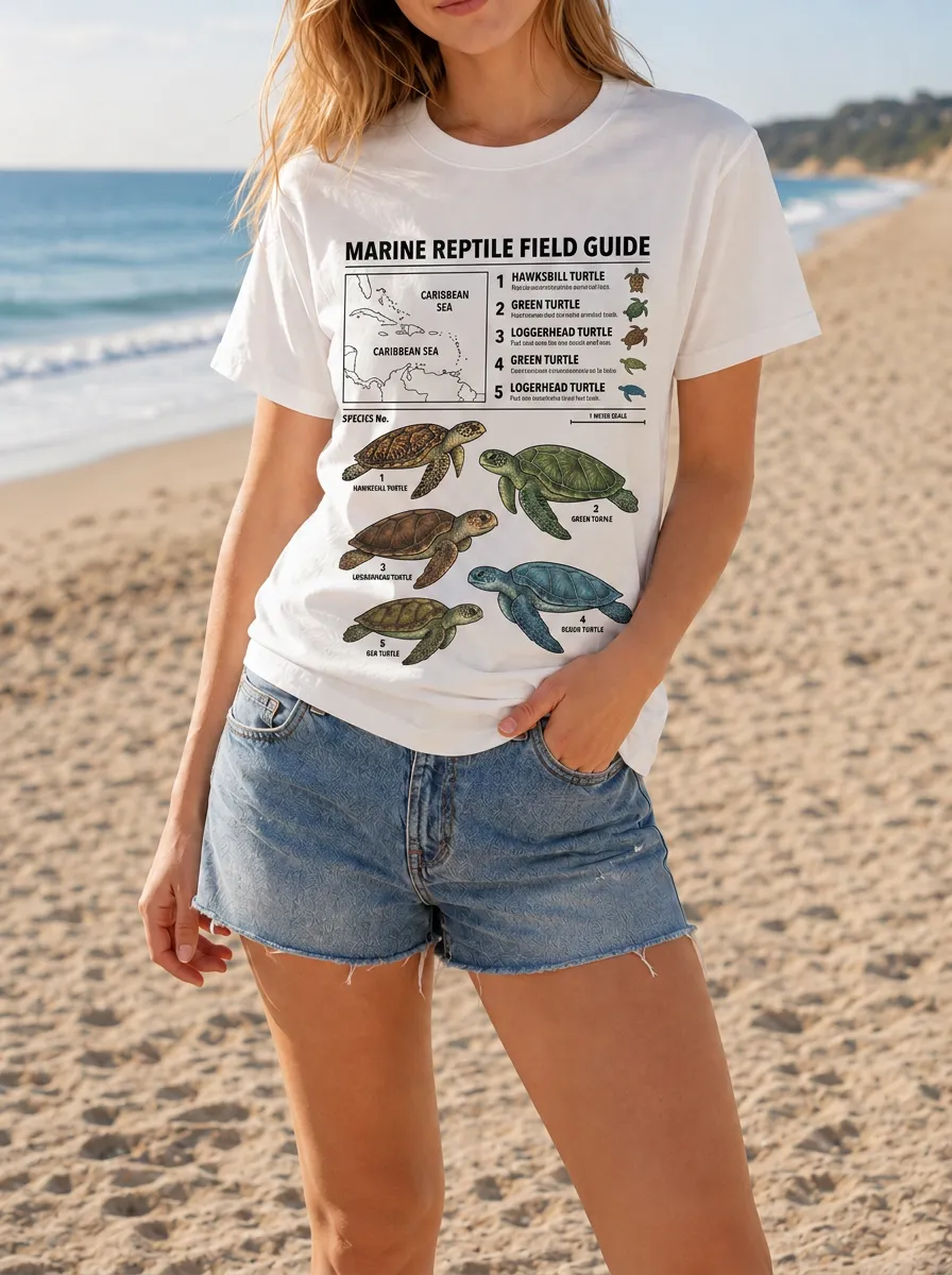 Women's Marine Biology Lover Sea Turtle Field Guide Printed T-shirt