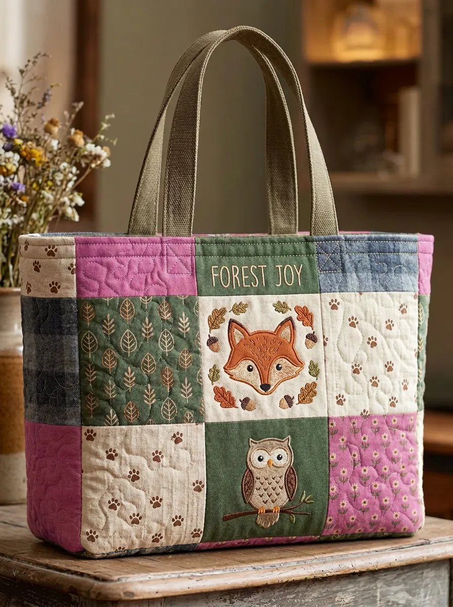 Forest Animal Lover Fox Owl Patchwork Printed Tote Bag