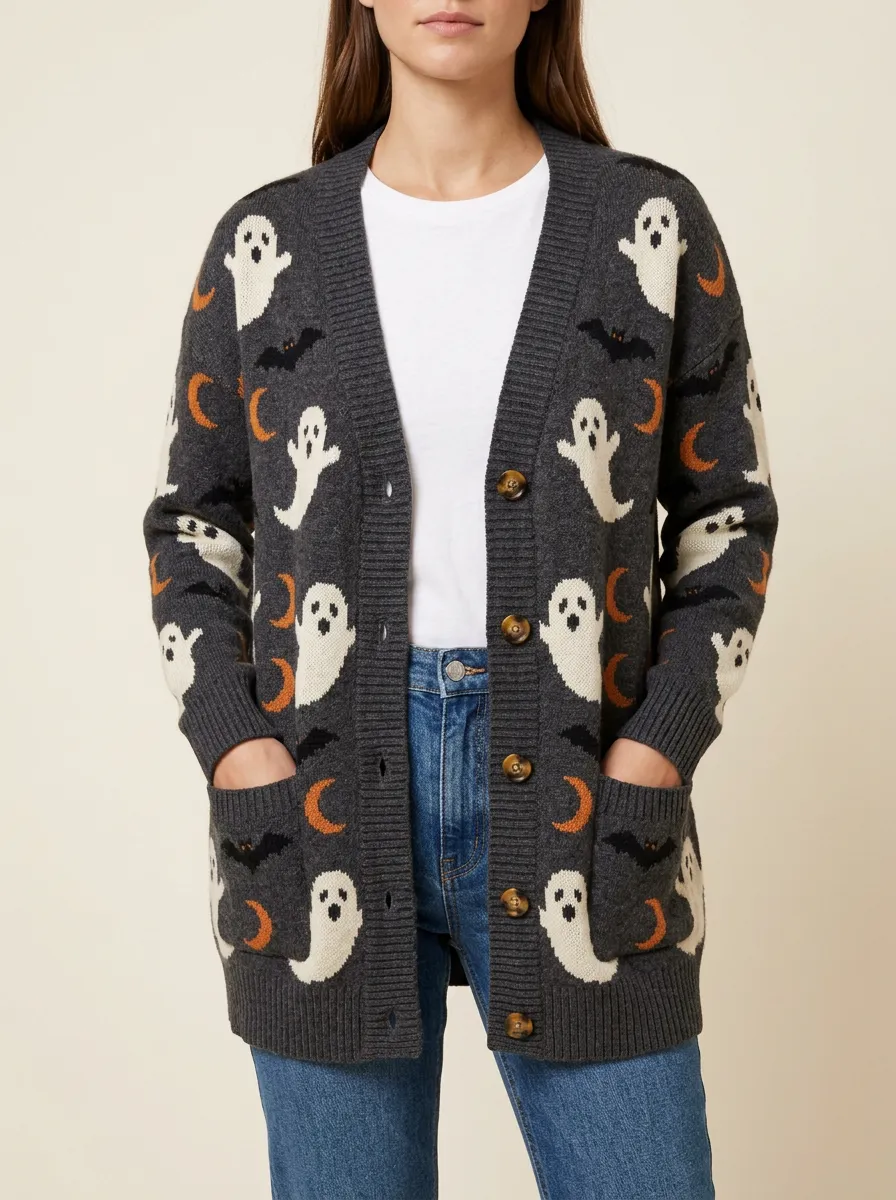 Women's Halloween Ghost Moon Bat Patterned Knit Cardigan