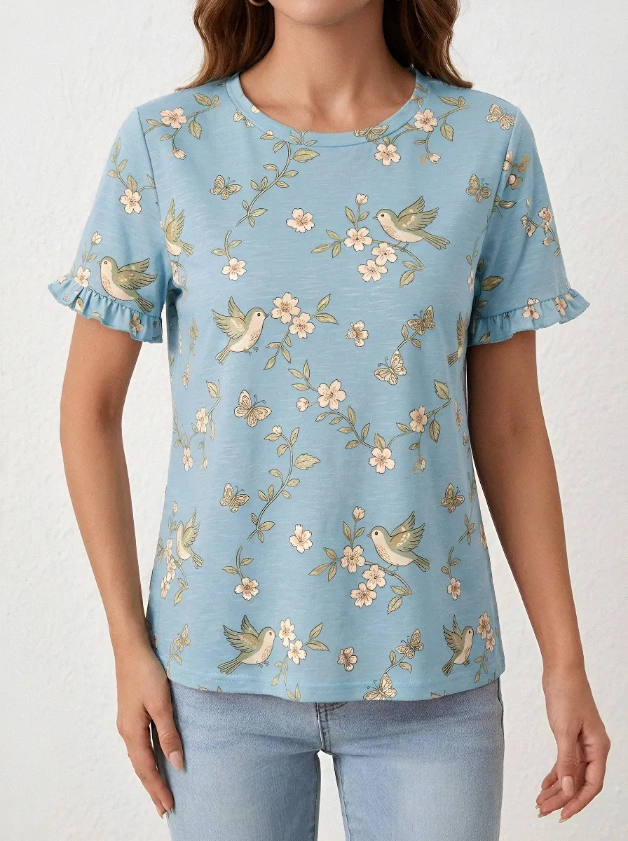 Bird Butterfly Floral Women's Loose Printed T-Shirt