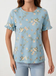 Bird Butterfly Floral Women's Loose Printed T-Shirt