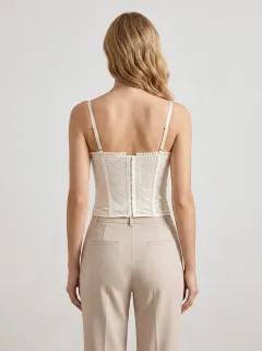 Floral Lace-Trim Satin-Look Hook-Front Women's Corset Top