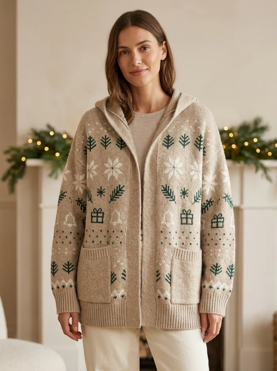 Christmas Snowflake Tree Gift Print Hooded Cardigan