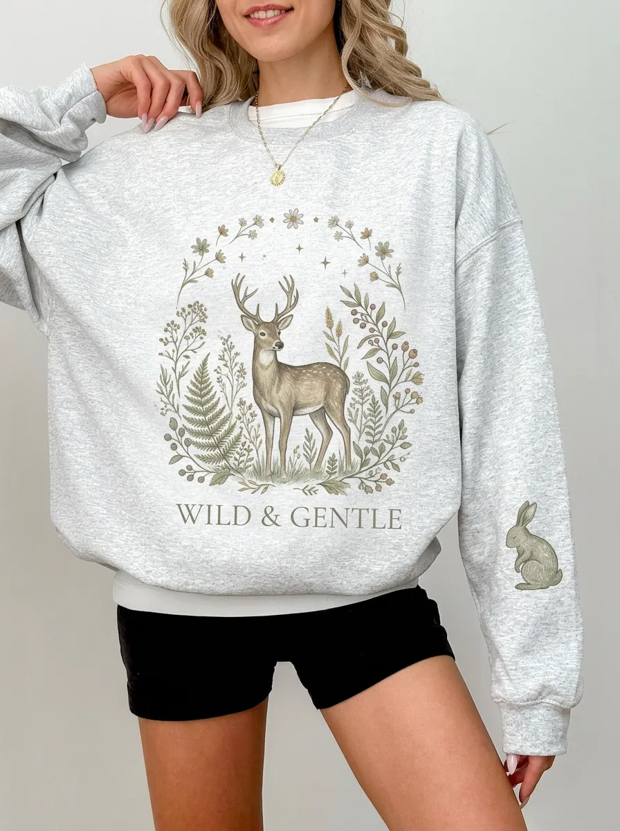 Women's Nature Lover Deer Rabbit Floral Printed Sweatshirt