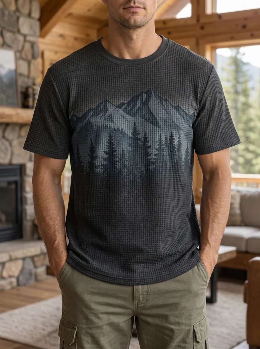 Men's Mountain Forest Nature Lover Waffle Modern Crew Neck T-Shirt