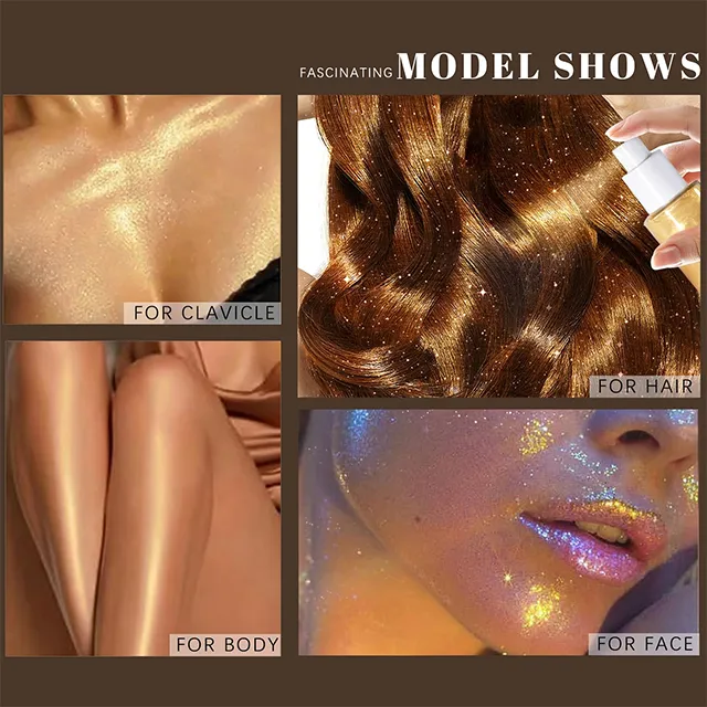 Makeup Vegan 3 colors Body Shimmer Oil Long Lasting Highlight Golden Glow Glitter Cosmetic Shimmer Spray