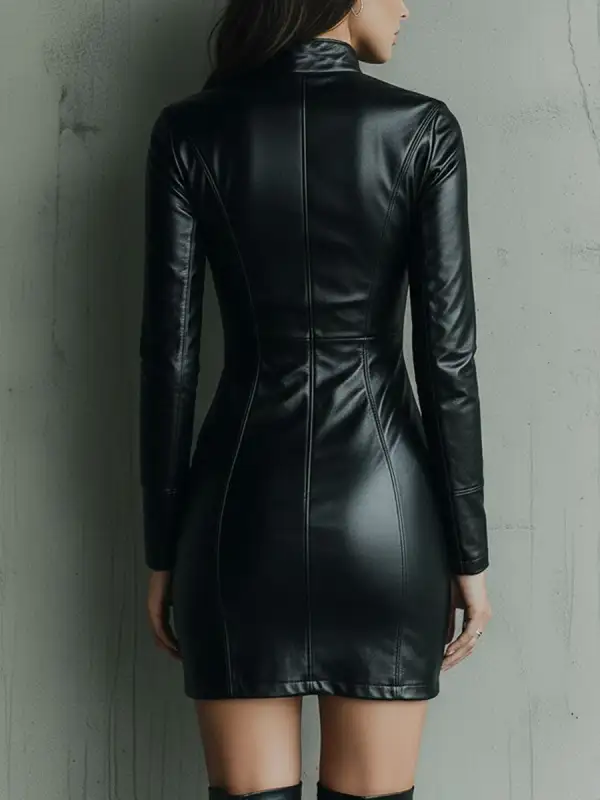 Moto Chic Black Eco Leather Zip-Up Bodycon Dress