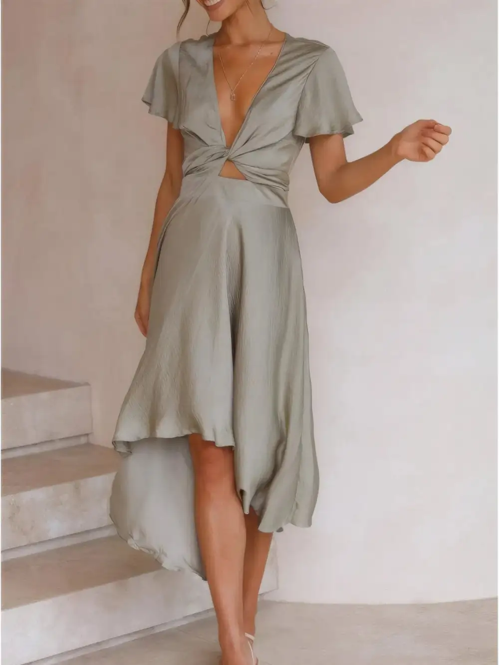Plunge Flutter Sleeve Mini Dress