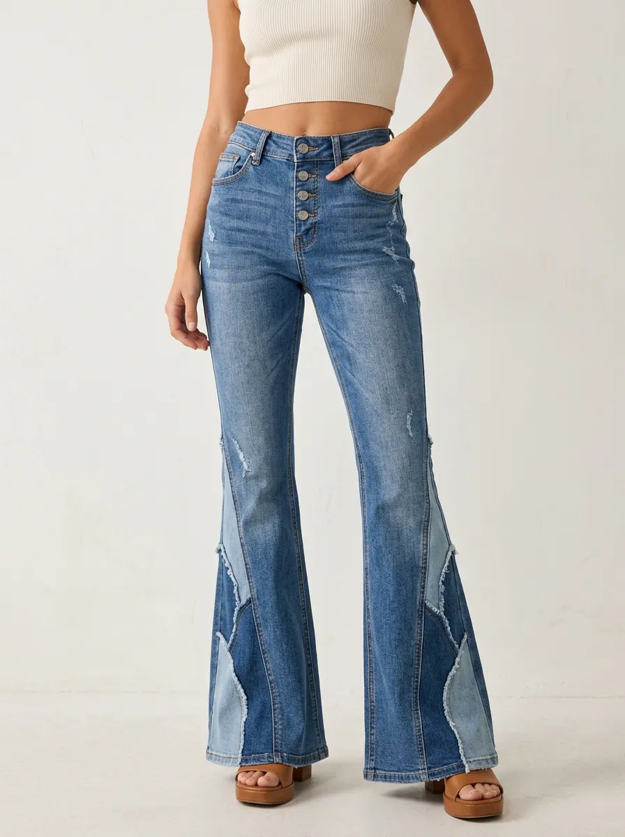 Women's Vintage Style Distressed Patchwork High-Waisted Flare Jeans
