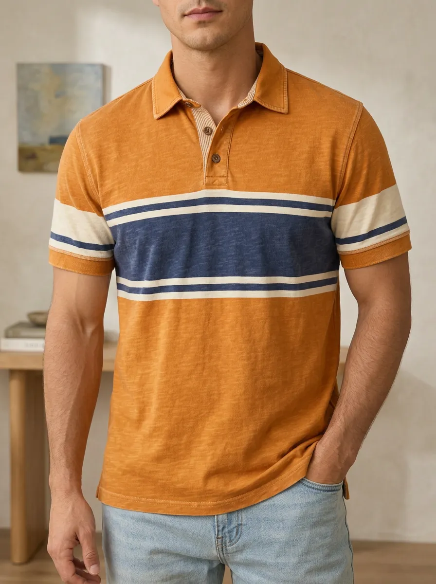 Men's Casual Mustard Yellow Striped Printed Polo Shirt