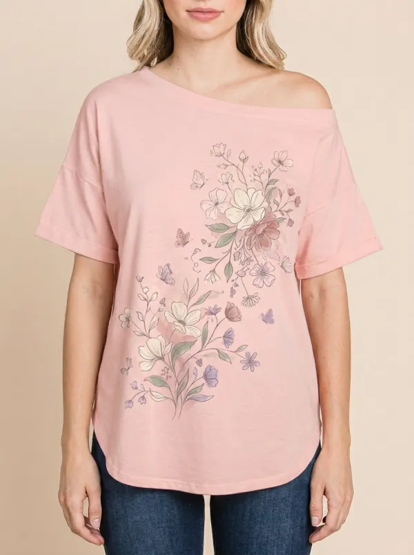 Women's Floral Butterfly Botanical Art Printed Off-Shoulder T-shirt
