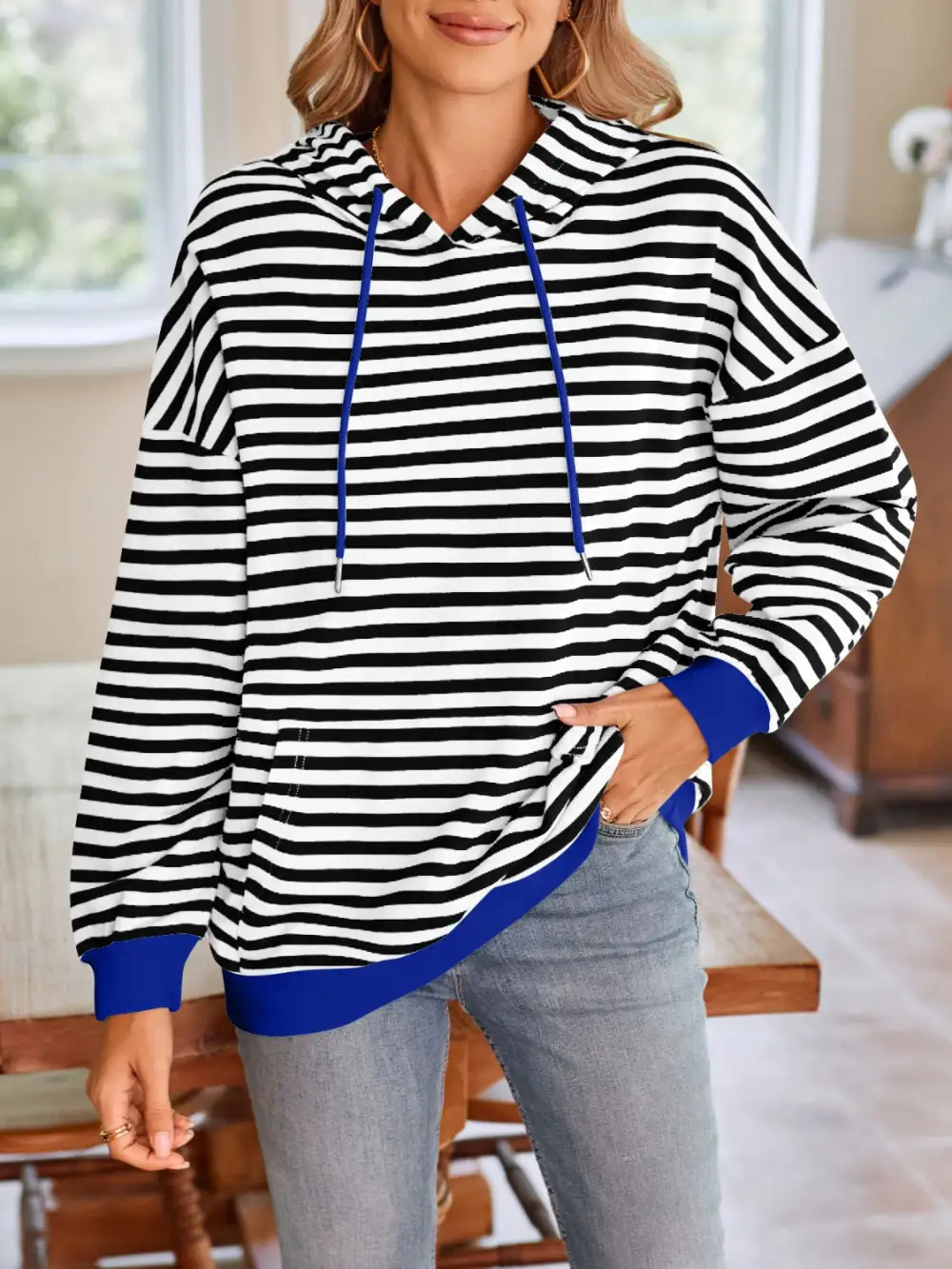 Drawstring Long-Sleeve Striped Hoodie