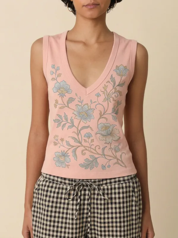Women's Floral Botanical Vintage Style Printed V-Neck Tank Top