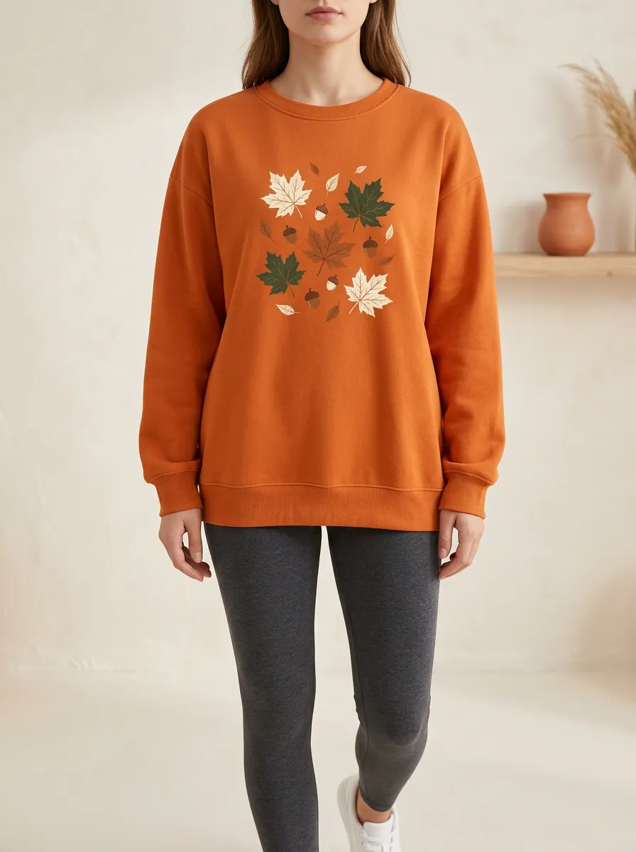 Cozy Maple-Leaf Printed Acorn Graphic Sweatshirt