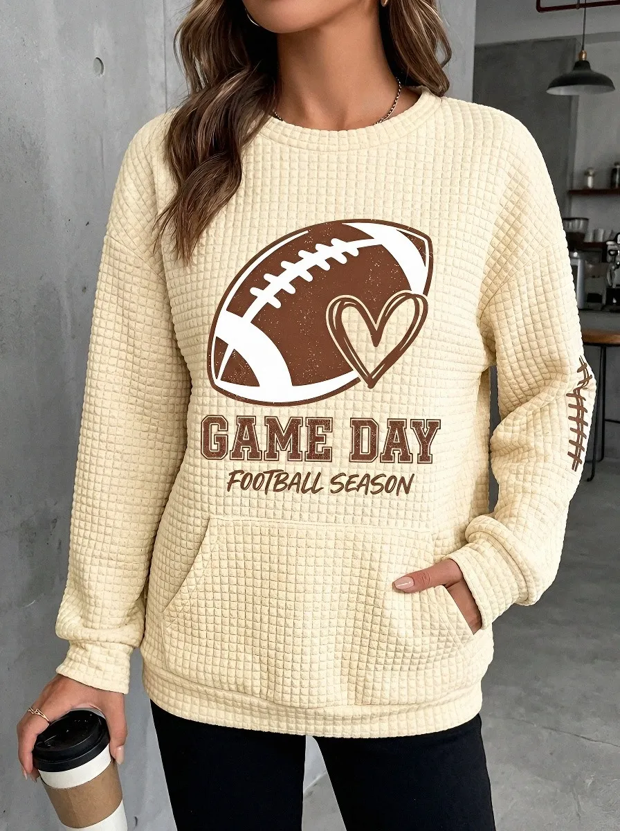 Women's Football Game Day Heart Printed Waffle Knit Sweatshirt