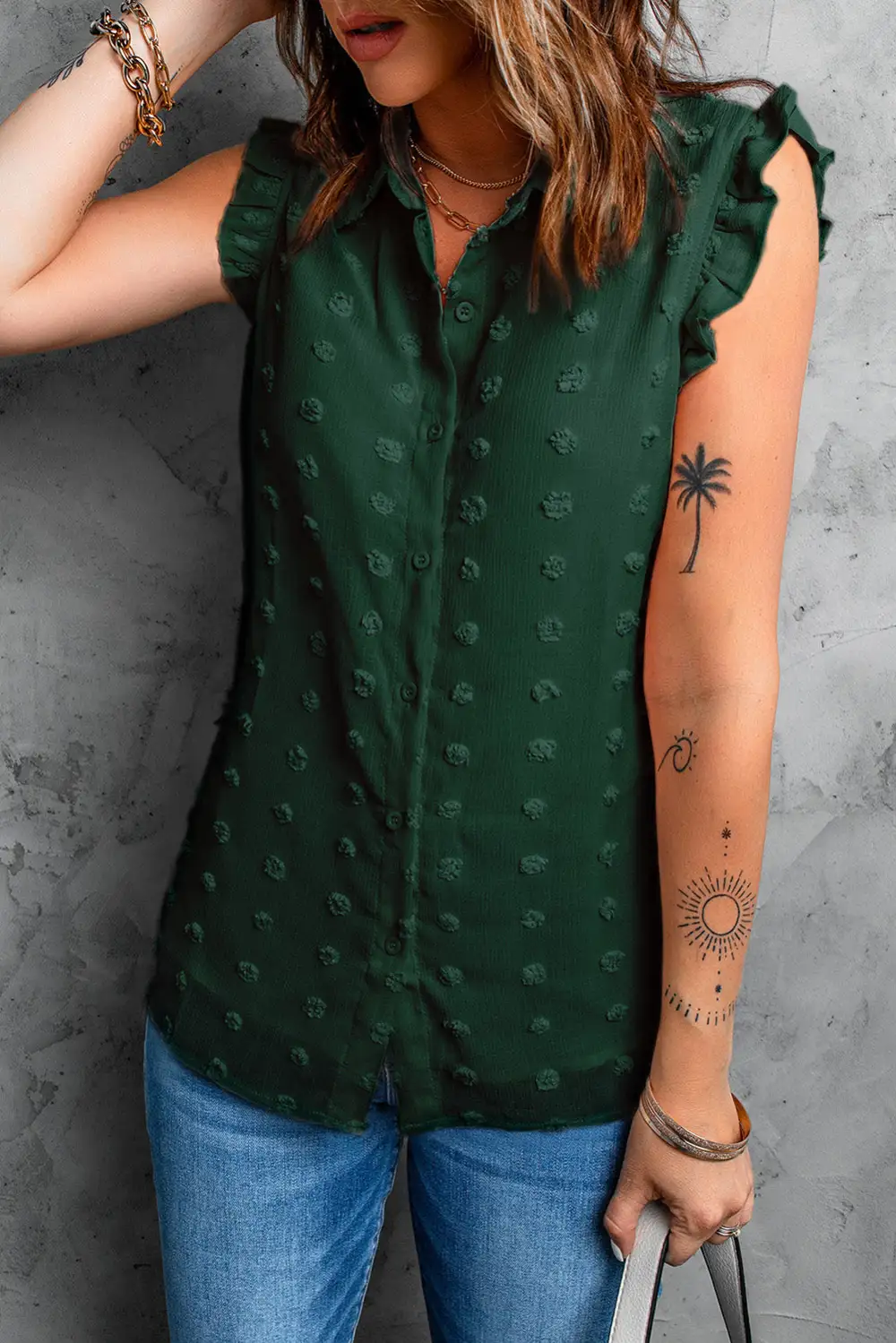 Turn Down Collar Ruffle Polka Dot Tank Top