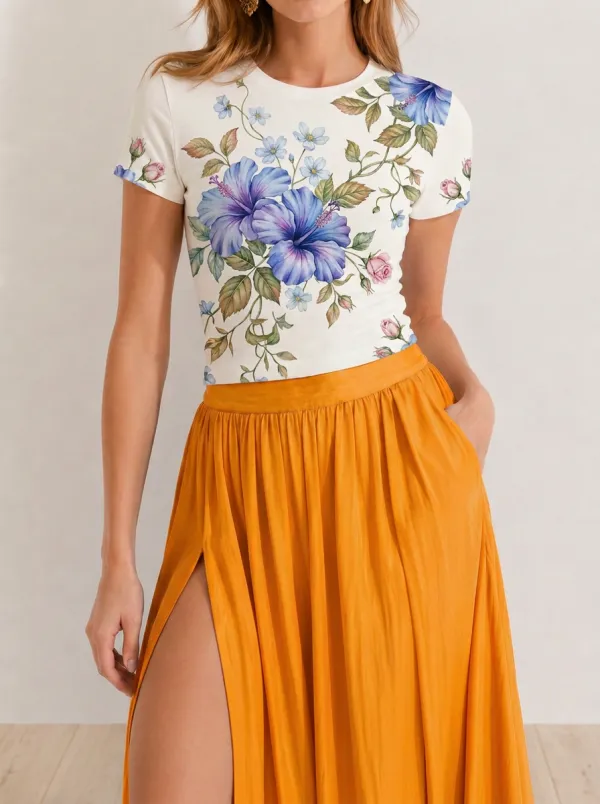Women's Floral Lover Blue Hibiscus Rose Printed T-shirt