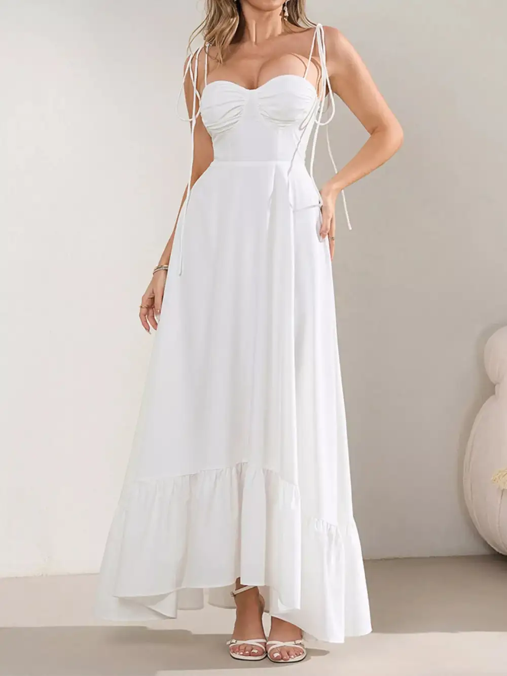 Sweetheart Neck Tie Strap Ruffle Hem Maxi Dress