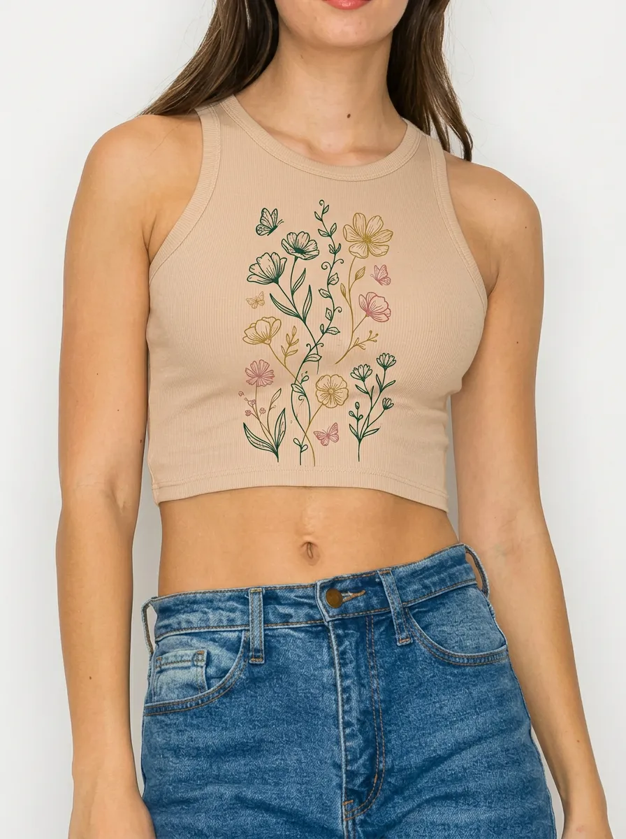 Women's Botanical Butterfly Floral Printed Ribbed Tank Top