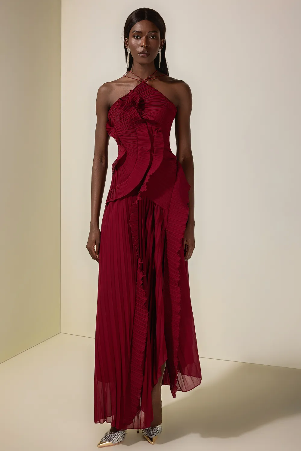 Pleated Frill Halter Neck Midi Dress