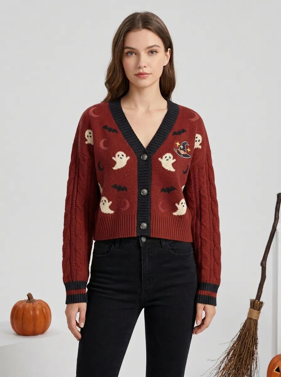 Women's Halloween Ghost Witch Hat Knit Cardigan