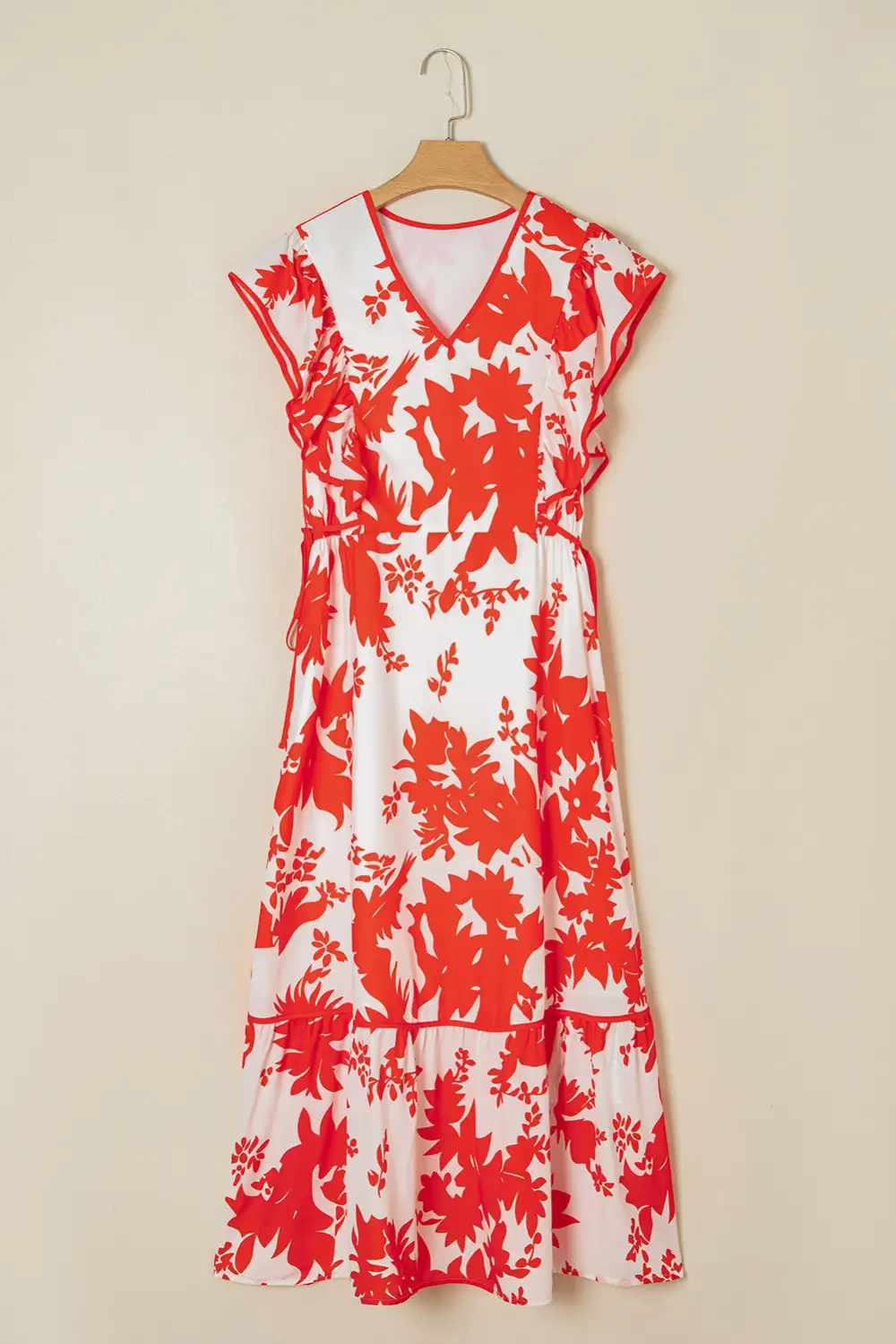 Maxi Floral Print Trimmed V Neck Ruffle Sleeve Long