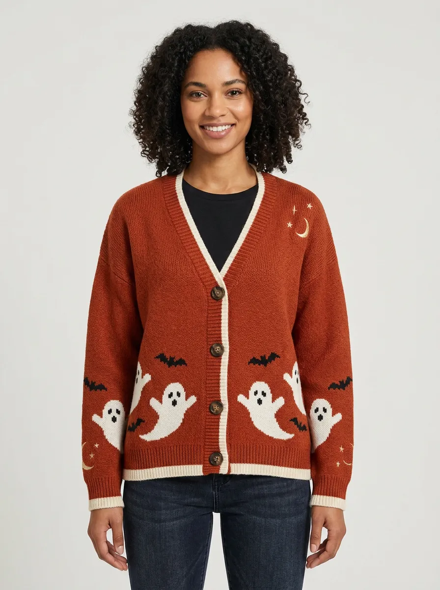 Women's Halloween Ghost Bat Moon Pattern Knitted Cardigan
