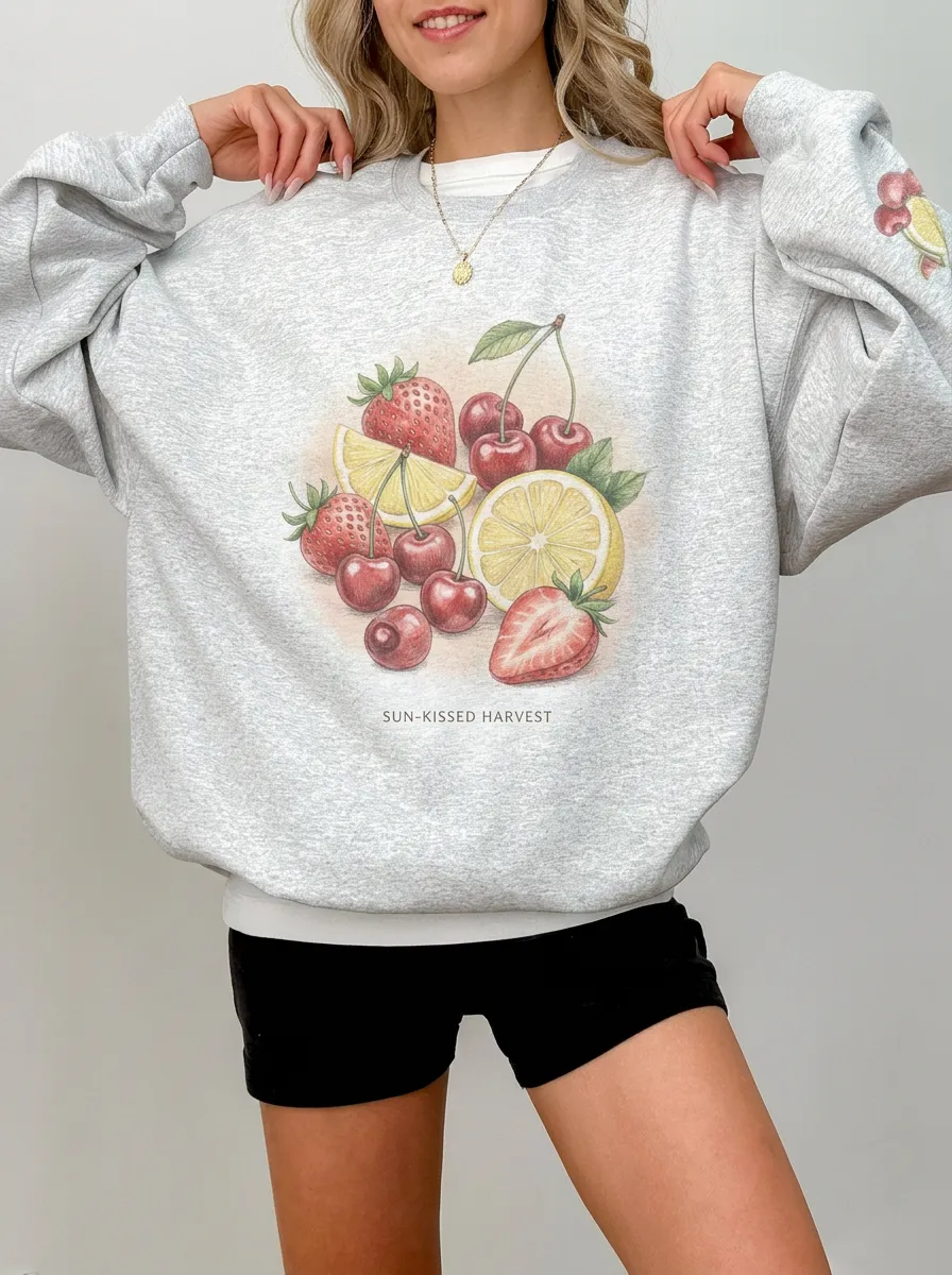 Women's Fruit Lover Strawberry Cherry Lemon Printed Sweatshirt