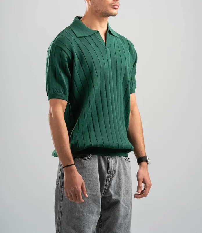 Dark Green Line Texture Knit Polo Shirt