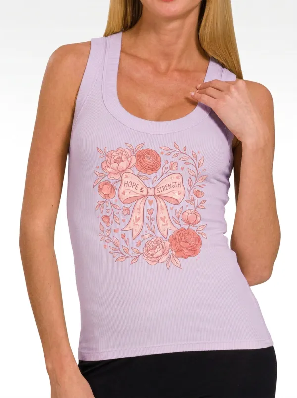 Women's Breast Cancer Awareness Hope Strength Floral Bow Printed Tank Top