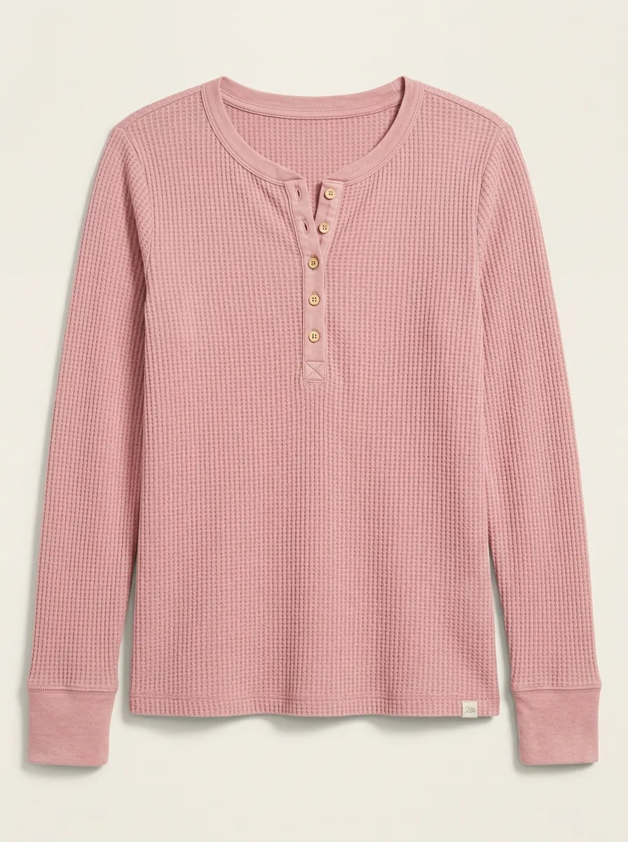 Women's Dusty Rose Waffle-Knit Henley Top with Ribbed Trim