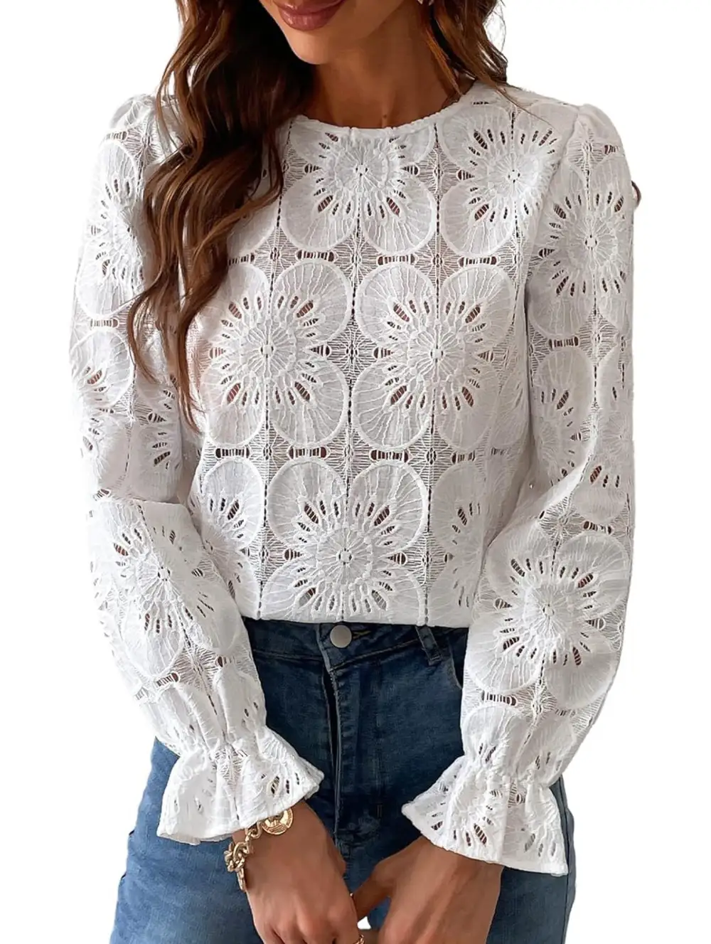 Openwork Lace Long Sleeve Blouse