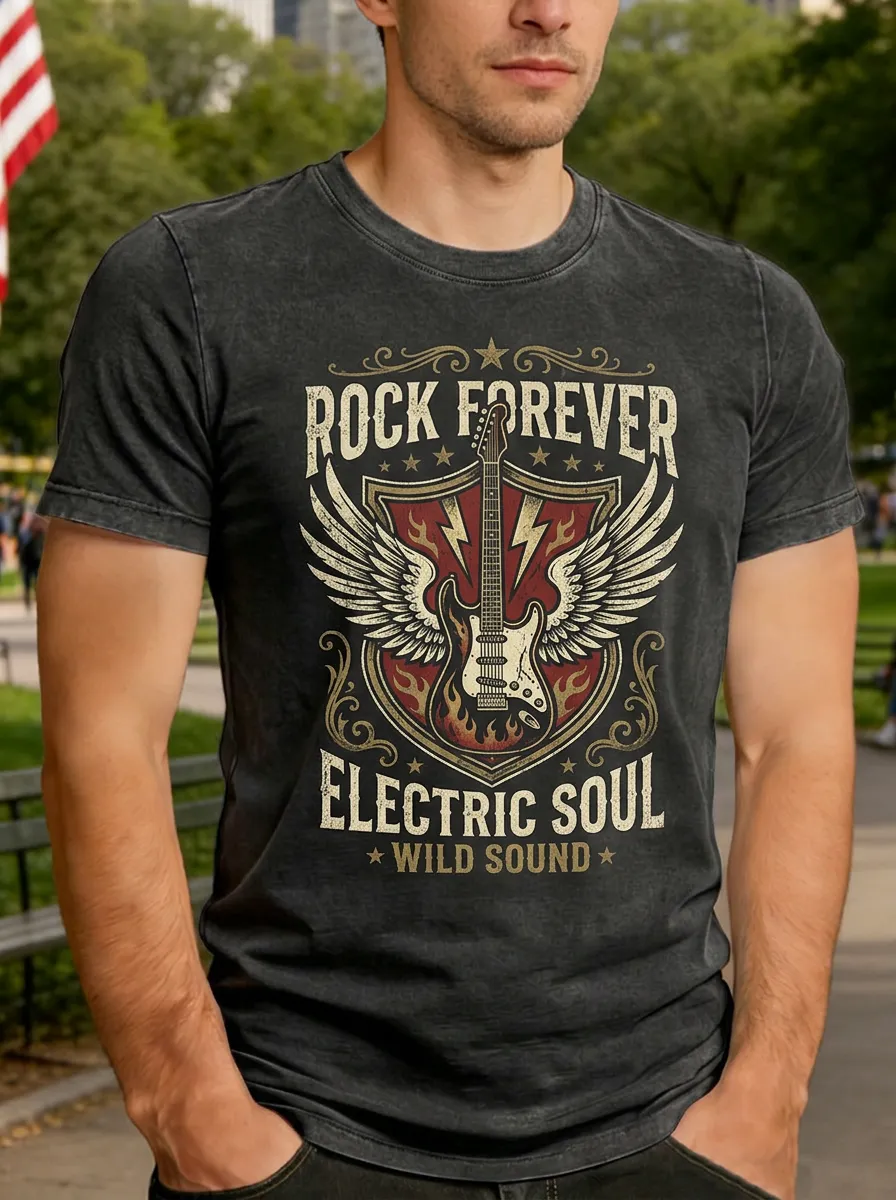 Men's Rock Music Lover Winged Electric Guitar Printed T-shirt