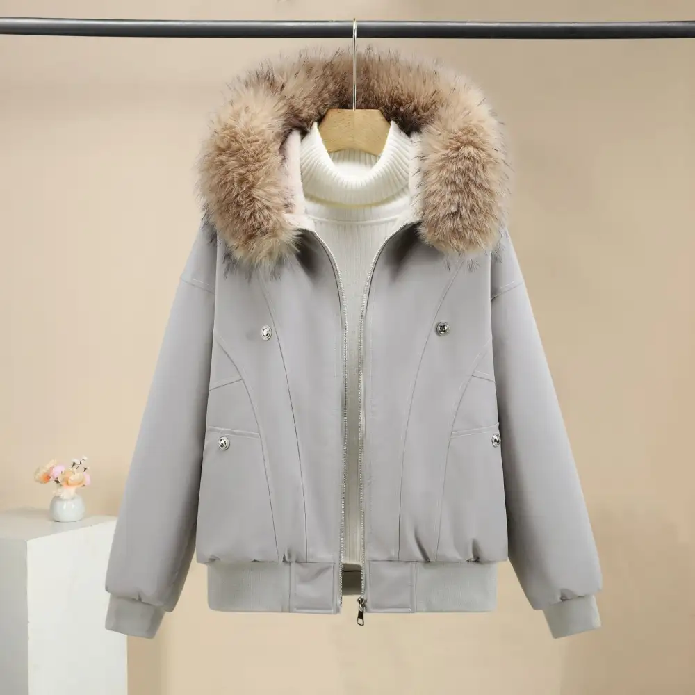 Cropped Faux Fur Stand Collar Ribbed Trim Bomber Jacket