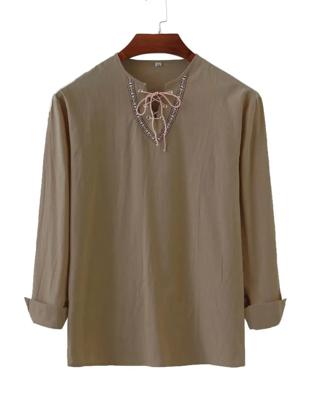 Men's Linen Tunic Shirt With Lacing And Ethnic Border
