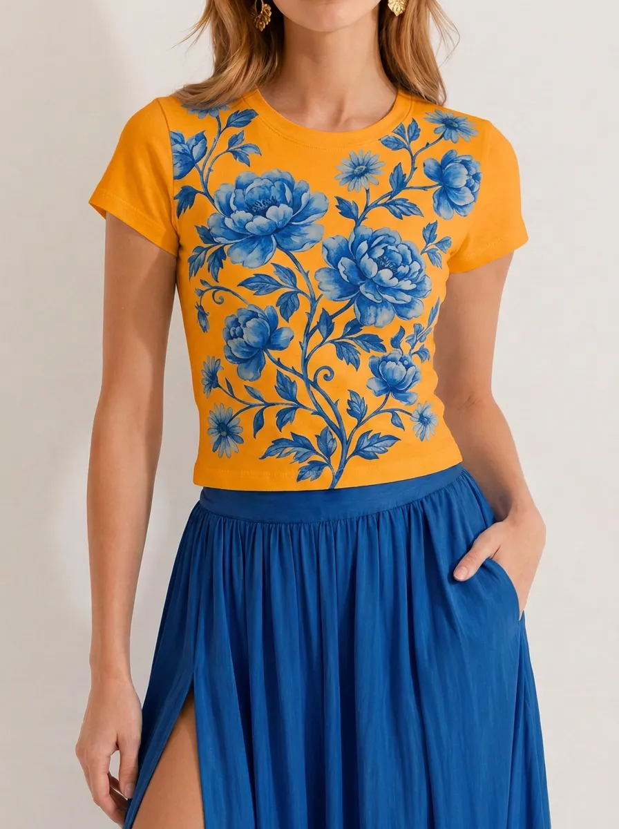 Women's Blue Floral Porcelain Style Printed T-shirt
