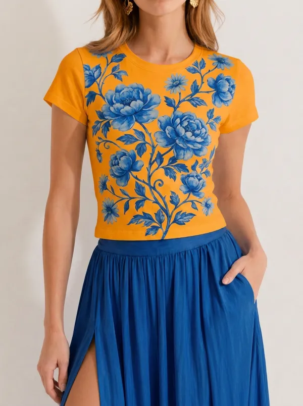Women's Blue Floral Porcelain Style Printed T-shirt
