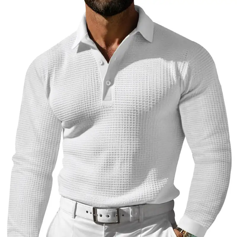 Waffle Texture Button Placket Long Sleeve Slim Fit Polo Shirt