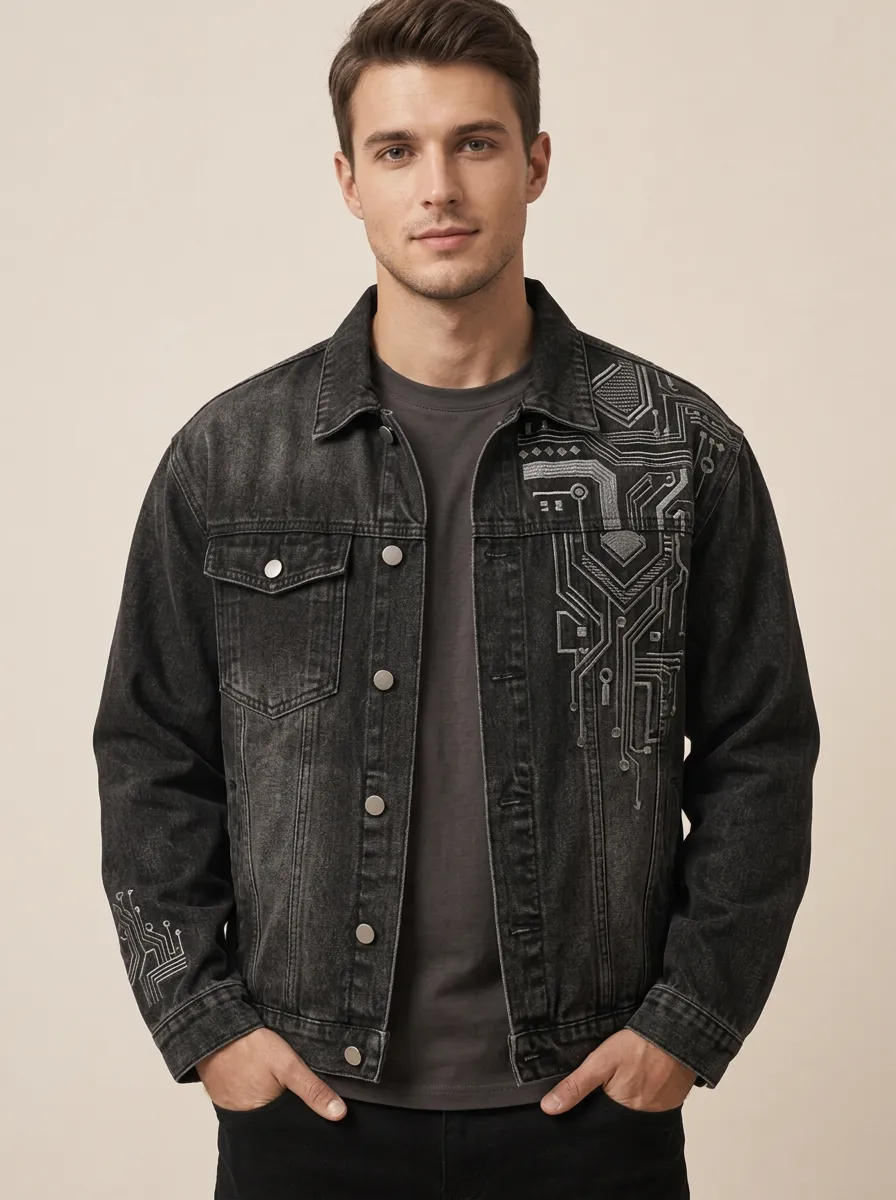 Men's Classic Motif Printed Denim Jacket