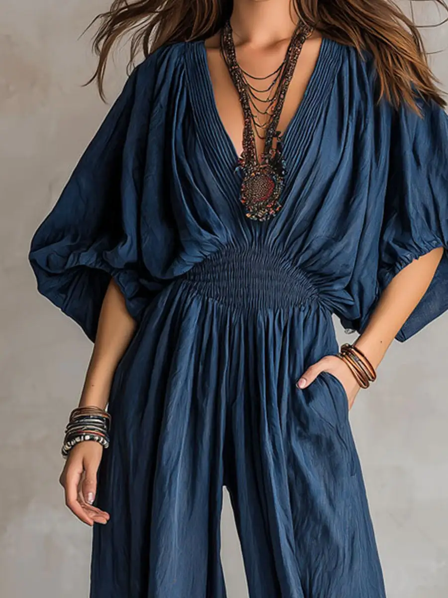 Bohemian Indigo Smocked Waist Jumpsuit