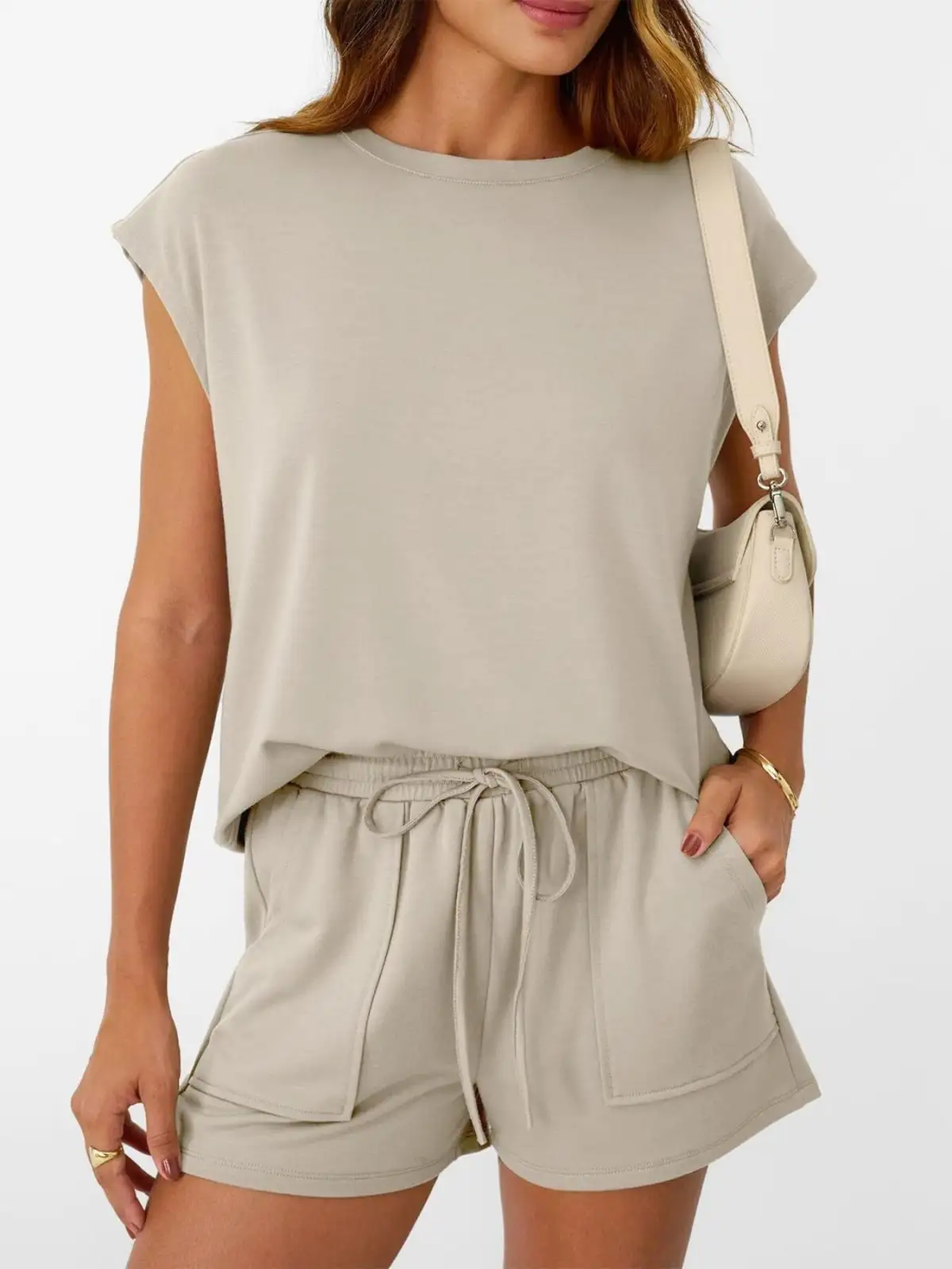 Tailored Drawstring Pocketed Top and Shorts Matching Set