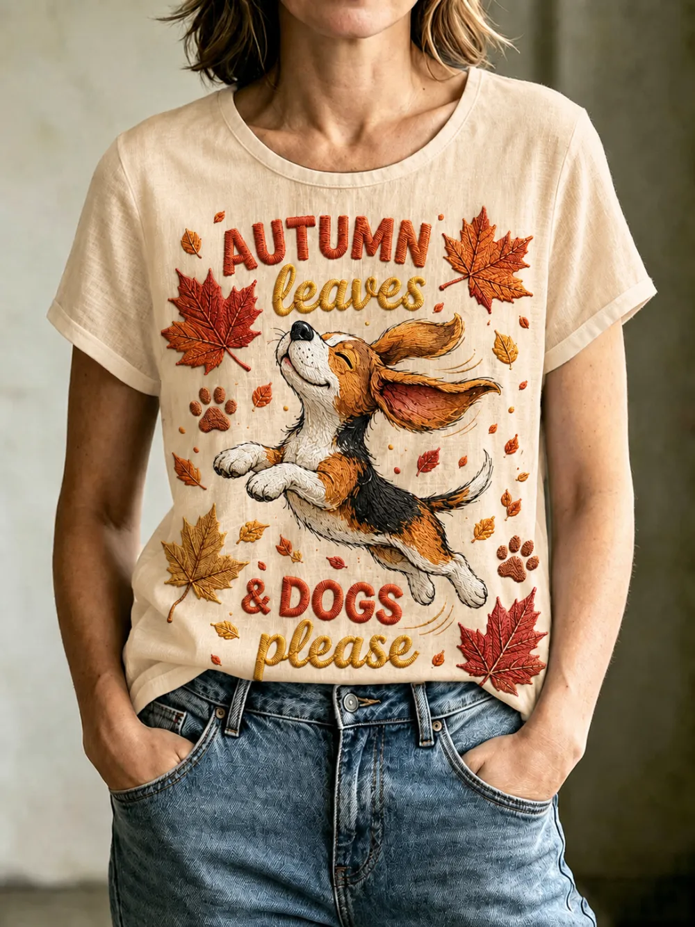 Women'S Autumn Leaves&Running Dog Printed Short Sleeved T-Shirt