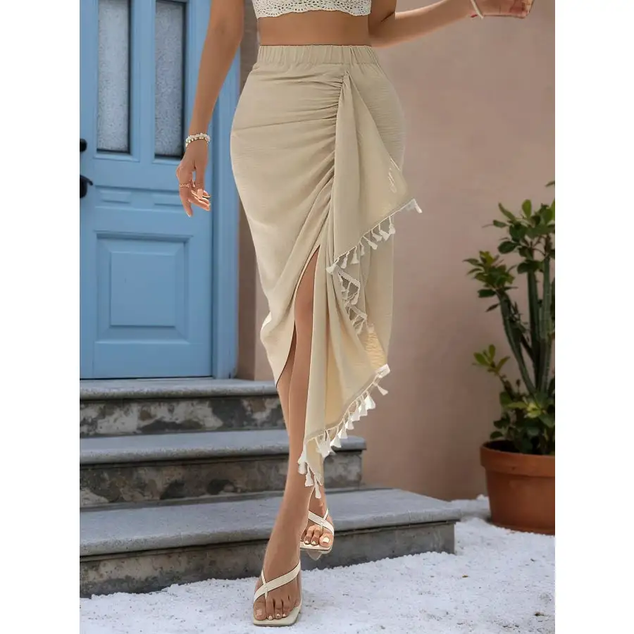 Asymmetric Tassel Wrap Skirt