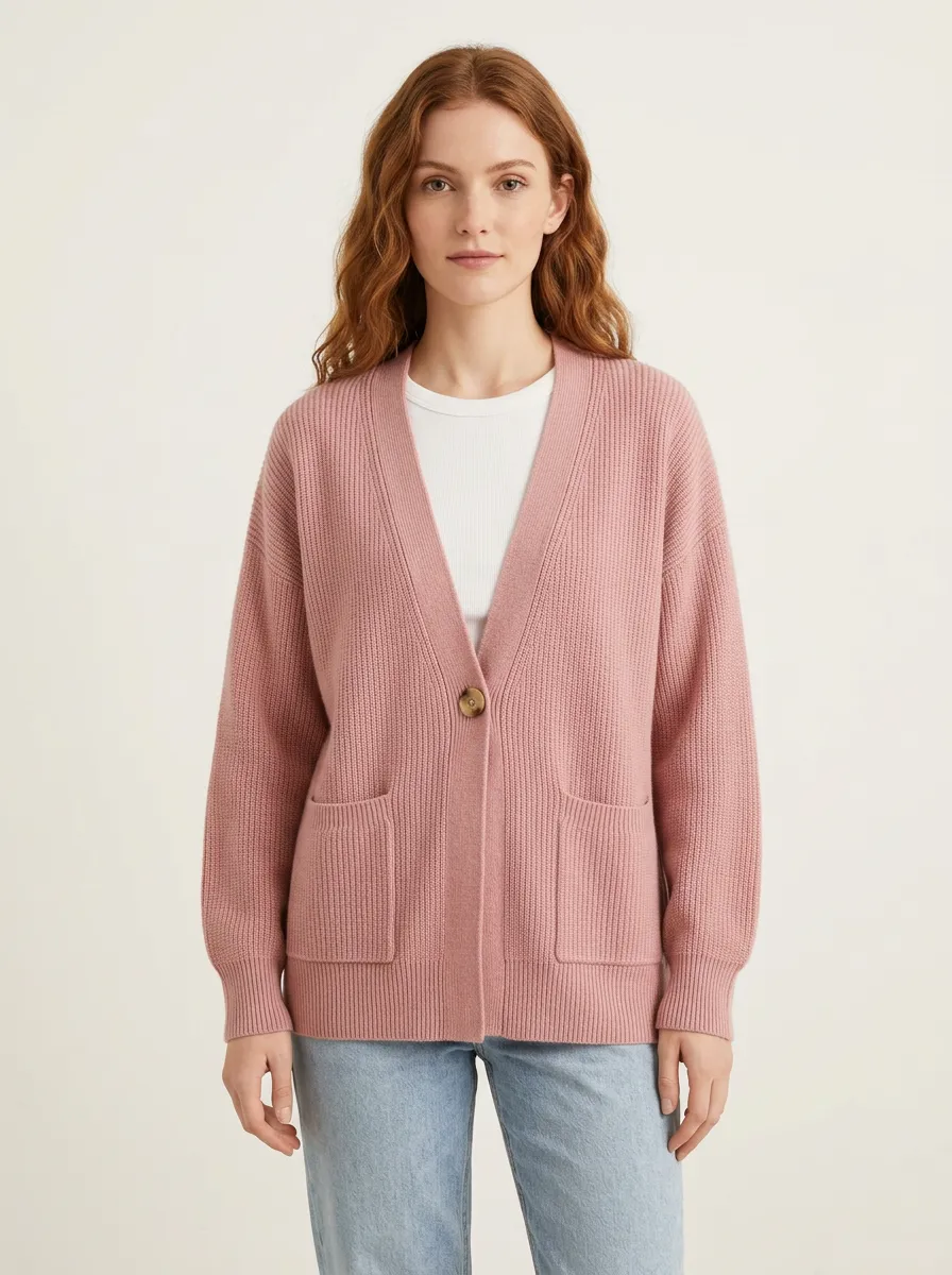 Women's Pink V-Neck Ribbed Knit Button Cardigan Top
