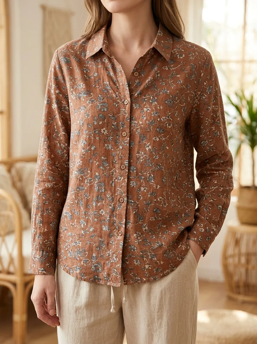 Women's Vintage Floral Brown Botanical Printed Shirt