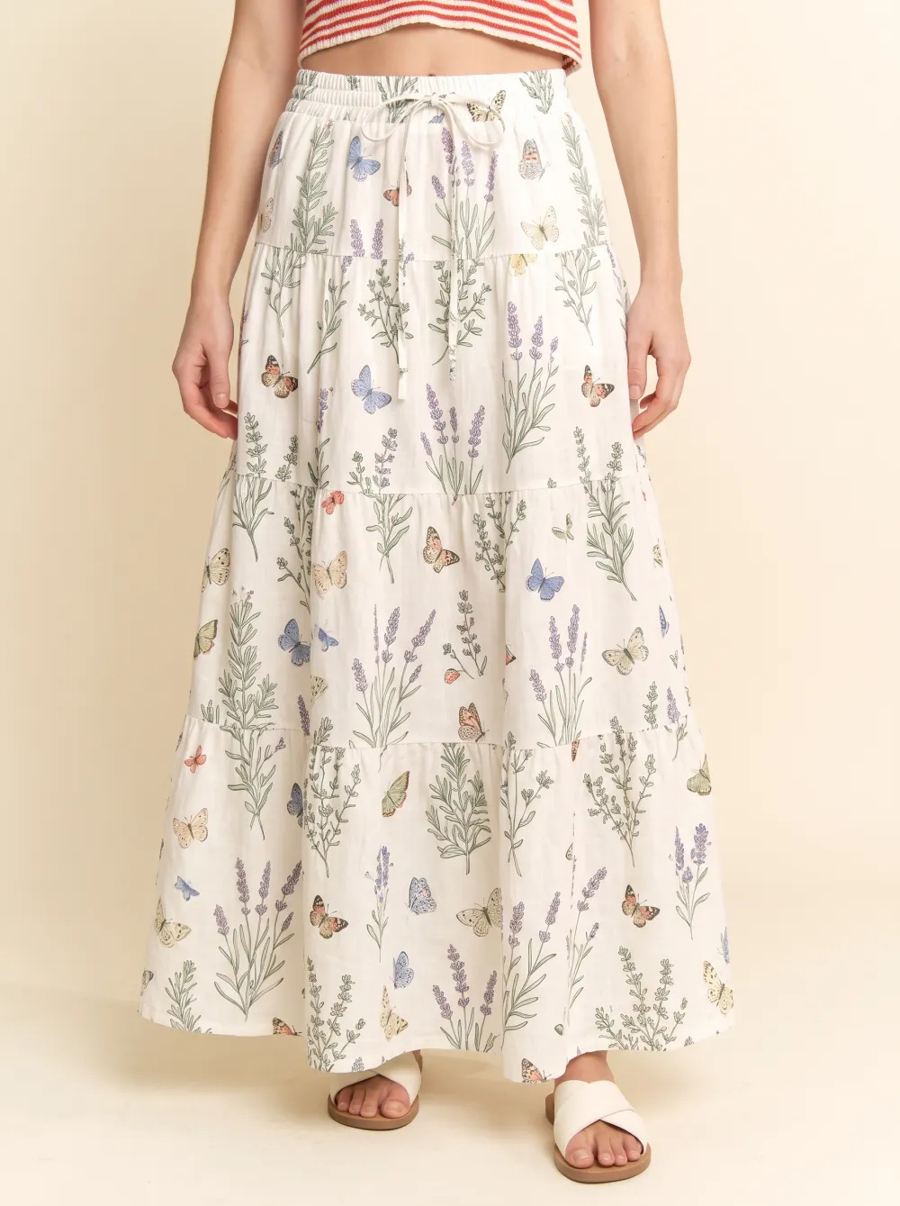 Women's Botanical Butterfly Lavender Printed Tiered Maxi Skirt