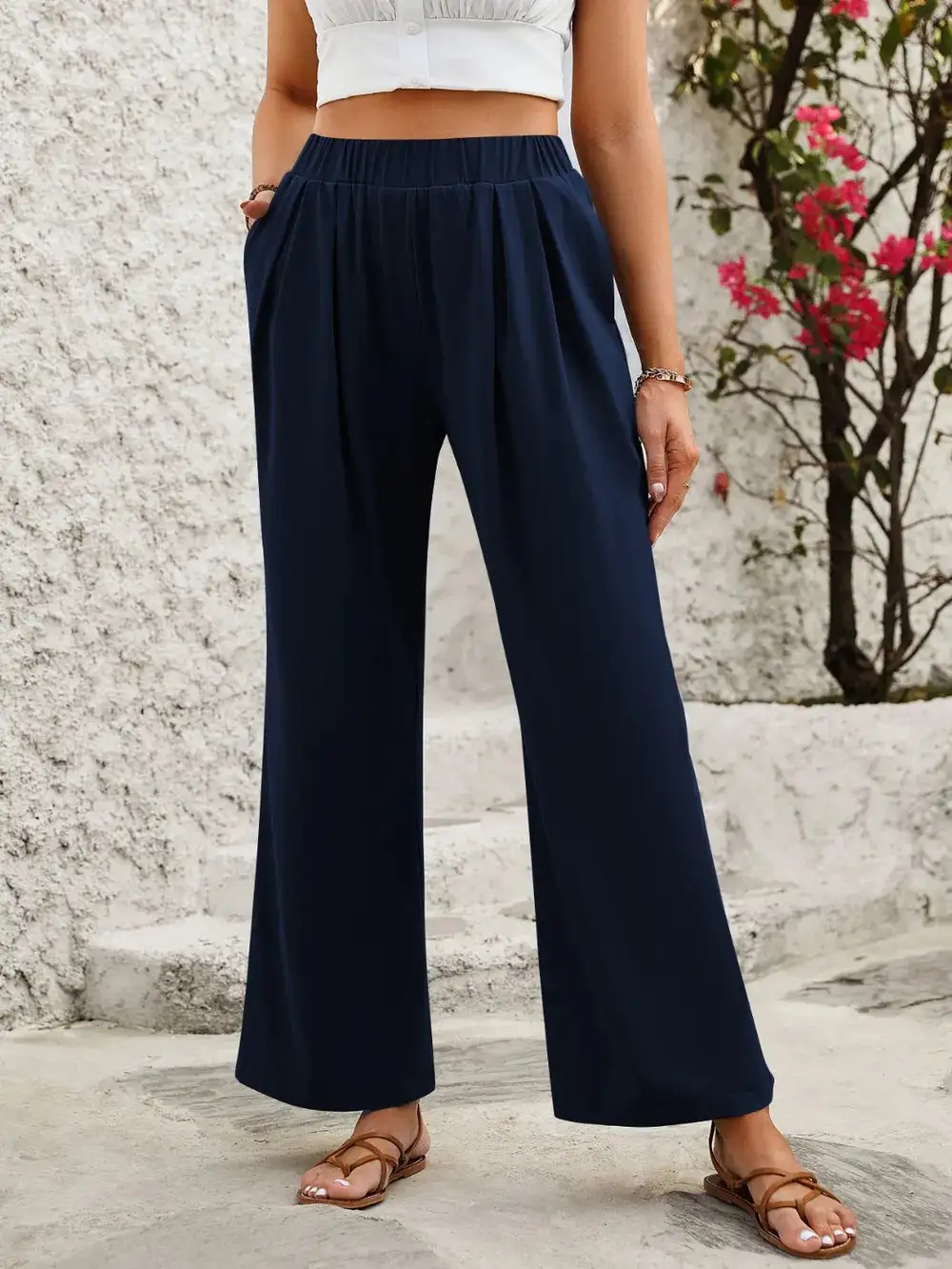 Wide Leg Elastic Waist Pocketed Everyday Pants