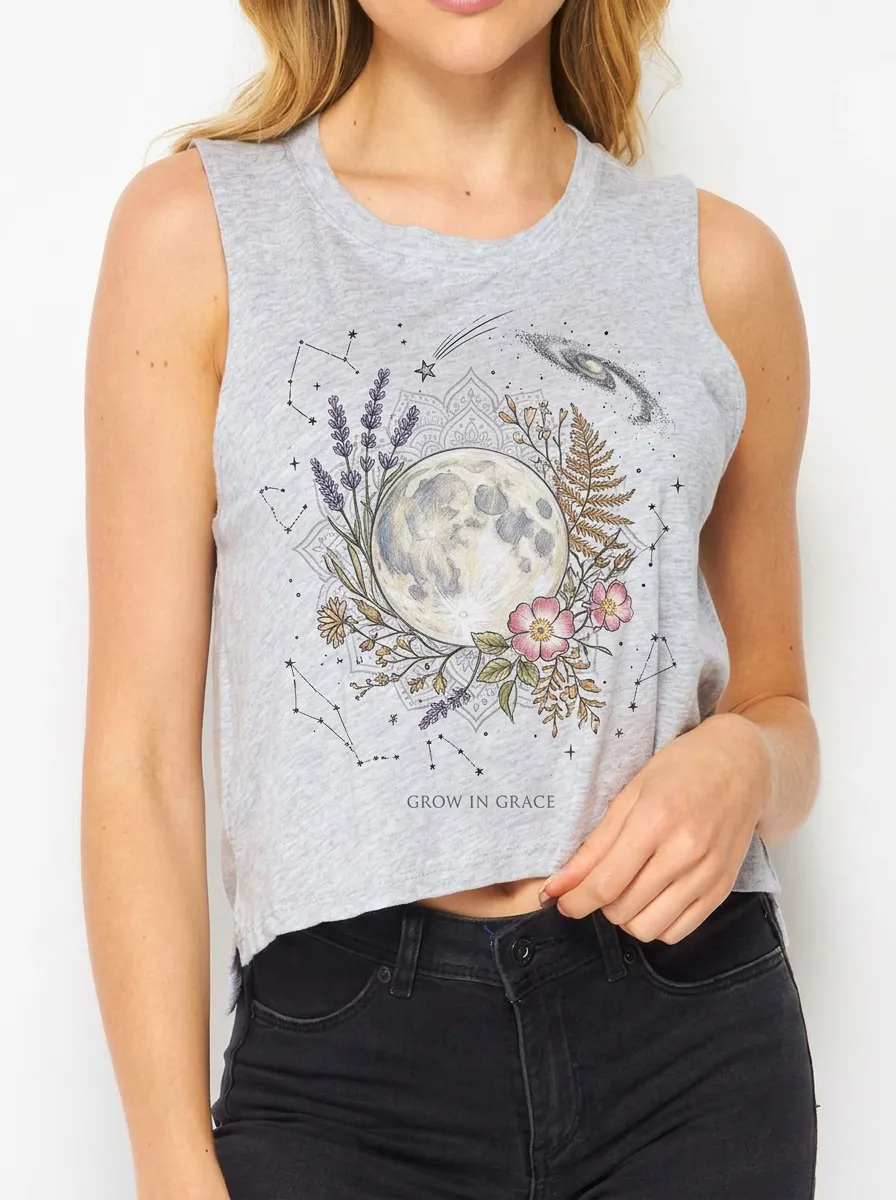 Women's Celestial Floral Moon Grow In Grace Printed Tank Top