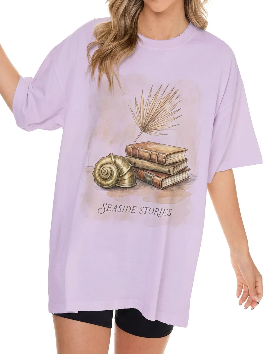 Women's Book Lover Seaside Stories Seashell Palm Printed T-shirt