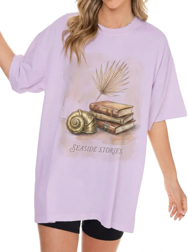 Women's Book Lover Seaside Stories Seashell Palm Printed T-shirt